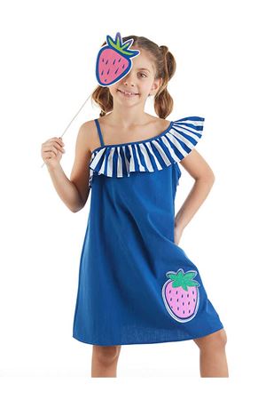 Denokids Çilekli Dokuma Kız Çocuk Lacivert Elbise 