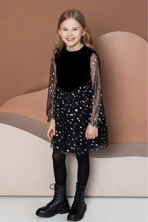 Kids Garden Tül Kollu Işıltılı Kadife Elbise DSL0356